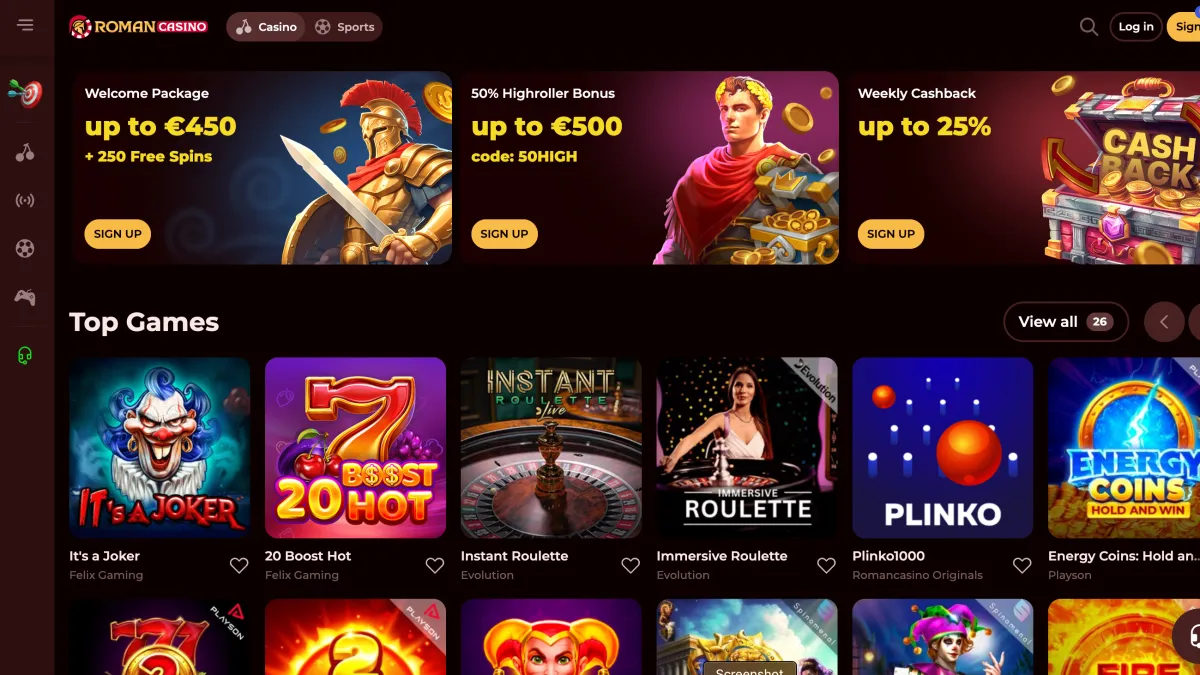 Roman Casino website screenshots