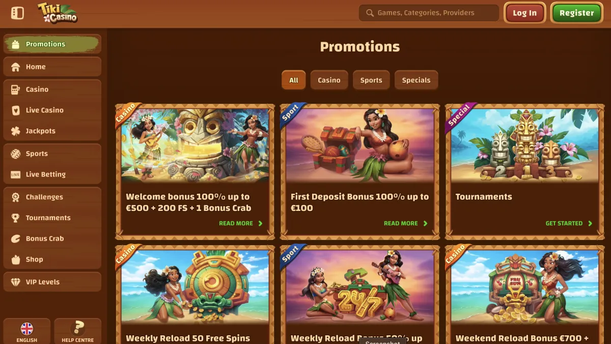 Tiki Casino website screenshots