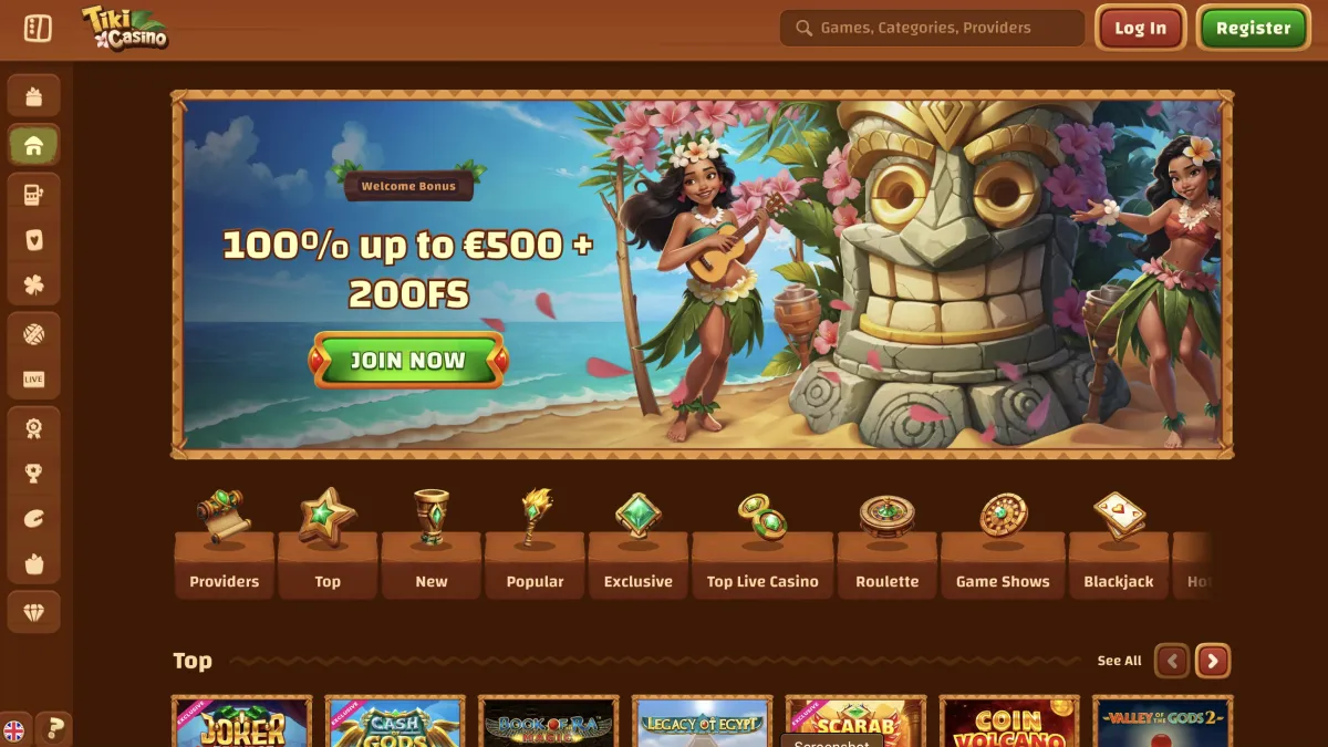 Tiki Casino website screenshots