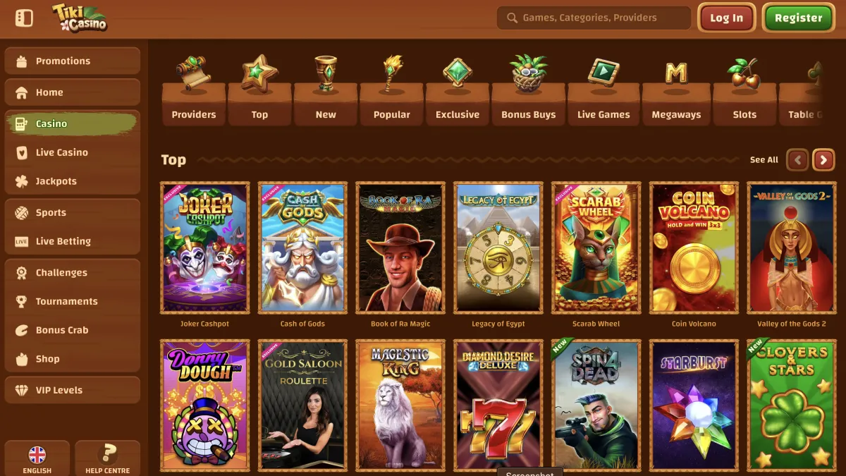 Tiki Casino website screenshots